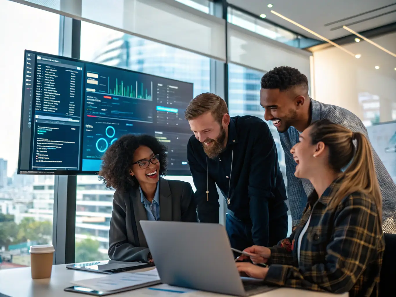 A team of AI specialists collaborating on a complex algorithm visualization on a large interactive display, symbolizing WoCiUp's expertise in machine learning.