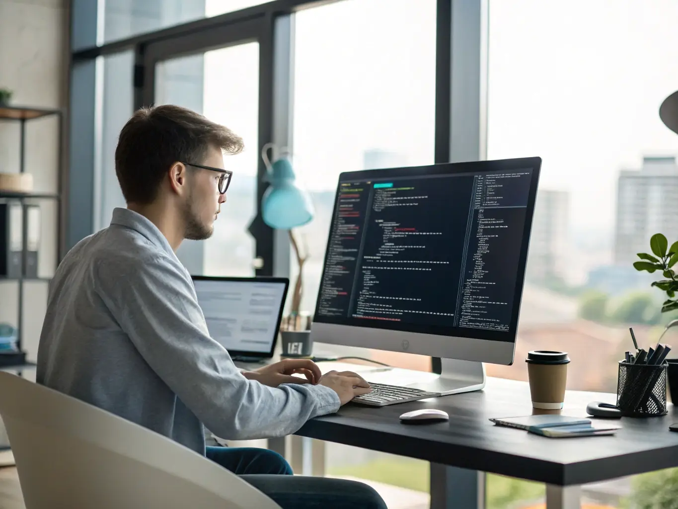 An image showcasing a developer working on a sleek, modern web application interface with AI data visualizations, representing WoCiUp's AI Web Application Development service.