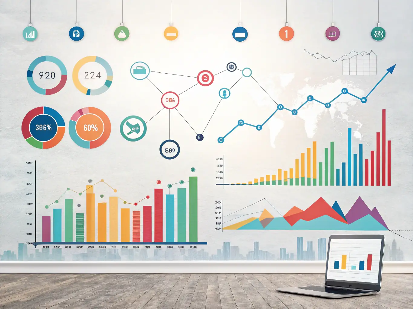 An abstract image representing data analytics, with charts and graphs overlaid on a network of interconnected nodes, showcasing WoCiUp's data-driven approach.